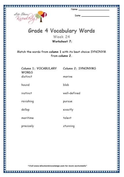 Grade 4: Vocabulary Worksheets Week 24 – Lets Share Knowledge