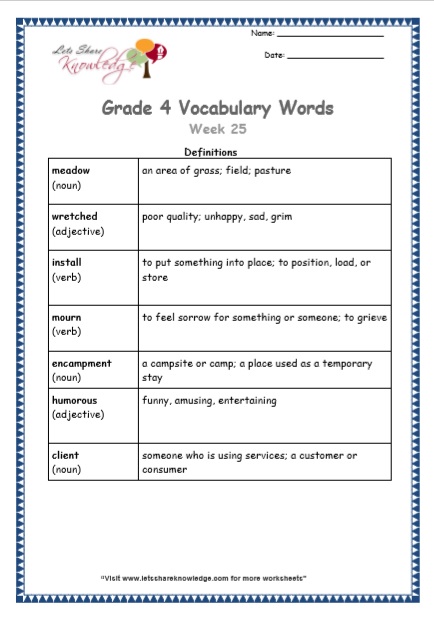 Grade 4 Vocabulary Worksheets Week 25 definitions