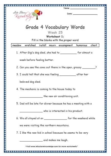 Grade 4 Vocabulary Worksheets Week 25 worksheet 1