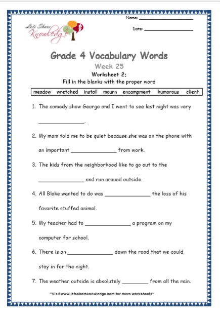 Grade 4 Vocabulary Worksheets Week 25 worksheet 2