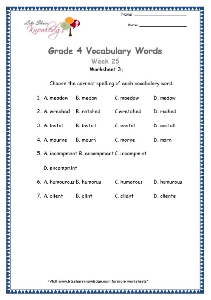  Grade 4 Vocabulary Worksheets Week 25 worksheet 3
