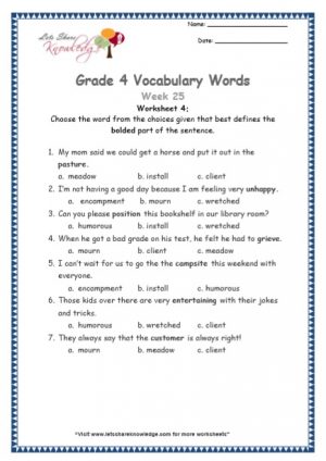 Grade 4: Vocabulary Worksheets Week 25