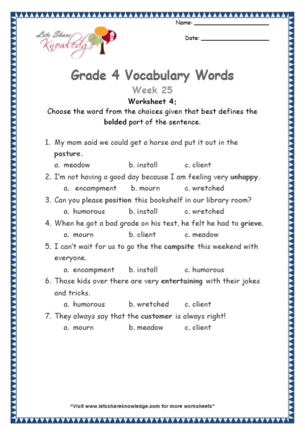  Grade 4 Vocabulary Worksheets Week 25 worksheet 4
