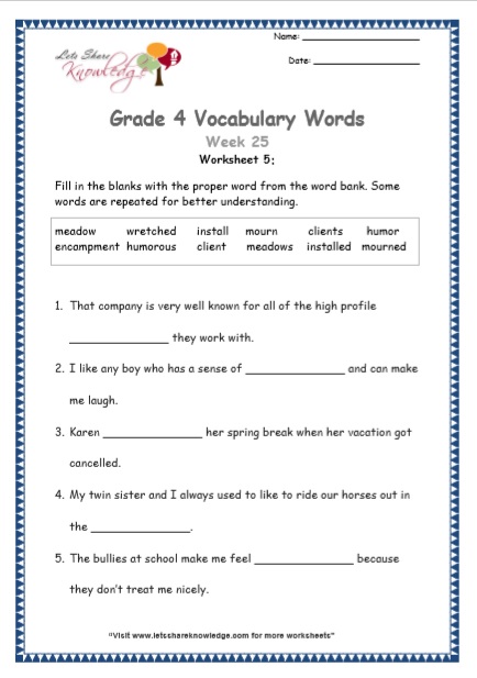  Grade 4 Vocabulary Worksheets Week 25 worksheet 5