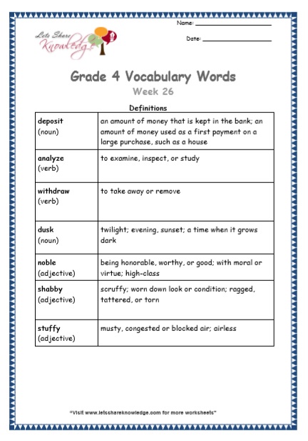 Grade 4 Vocabulary Worksheets Week 26 definitions