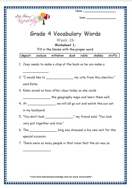 Grade 4 Vocabulary Worksheets Week 26 worksheet 1