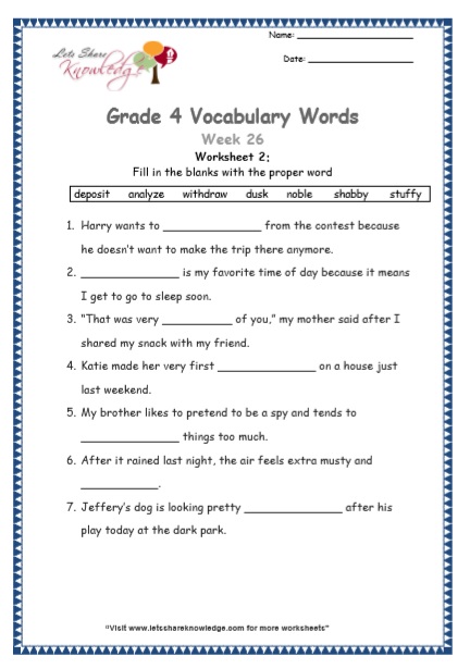 Grade 4 Vocabulary Worksheets Week 26 worksheet 2