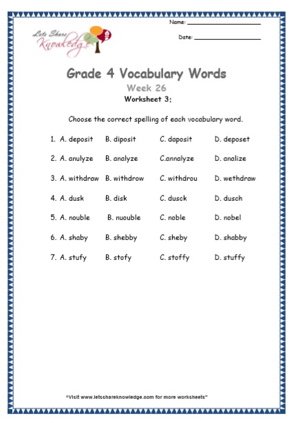 Grade 4 Vocabulary Worksheets Week 26 worksheet 3