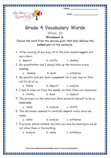  Grade 4 Vocabulary Worksheets Week 26 worksheet 4