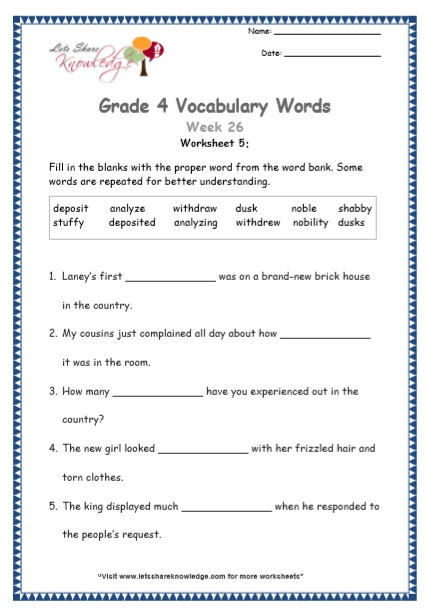  Grade 4 Vocabulary Worksheets Week 26 worksheet 5