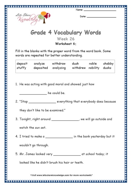  Grade 4 Vocabulary Worksheets Week 26 worksheet 6