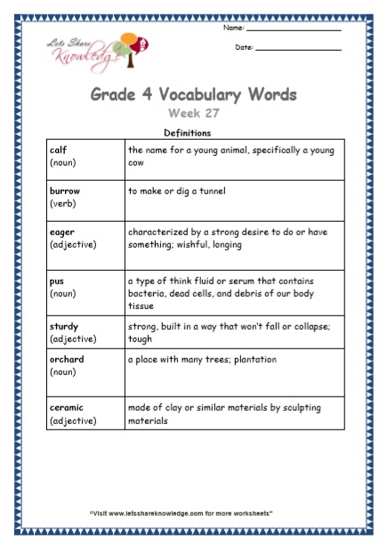 Grade 4 Vocabulary Worksheets Week 27 definitions