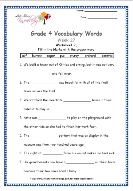 Grade 4 Vocabulary Worksheets Week 27 worksheet 2