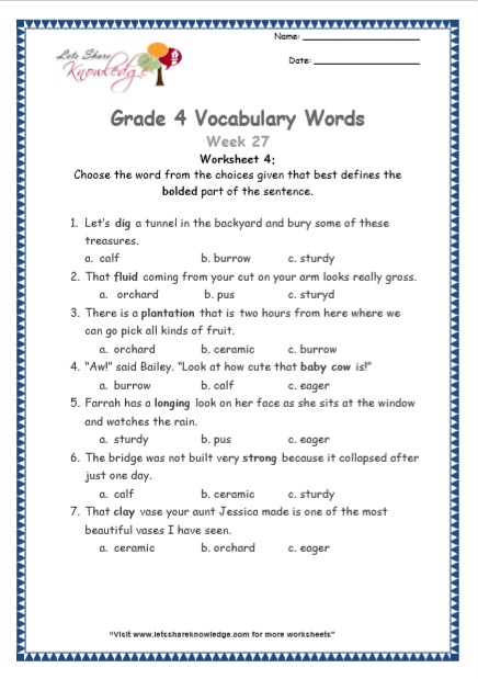 Grade 4: Vocabulary Worksheets Week 27