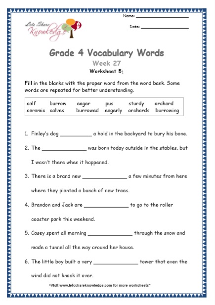  Grade 4 Vocabulary Worksheets Week 27 worksheet 5