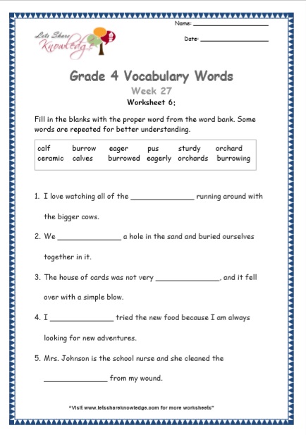  Grade 4 Vocabulary Worksheets Week 27 worksheet 6