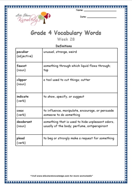Grade 4 Vocabulary Worksheets Week 28 definitions