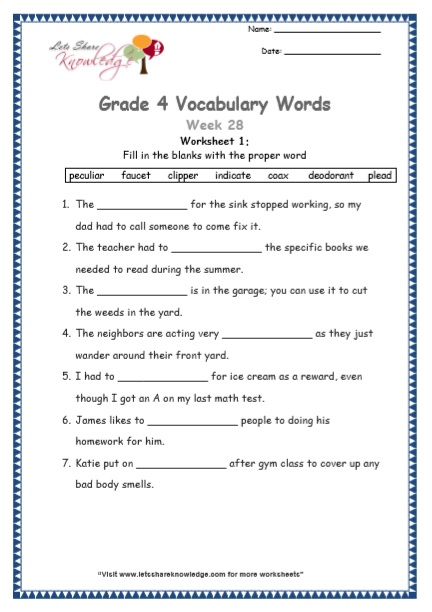 Grade 4 Vocabulary Worksheets Week 28 worksheet 1