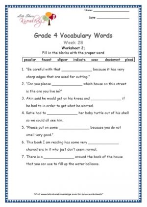 Grade 4: Vocabulary Worksheets Week 28