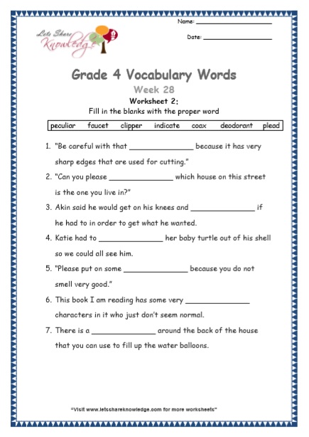 Grade 4 Vocabulary Worksheets Week 28 worksheet 2