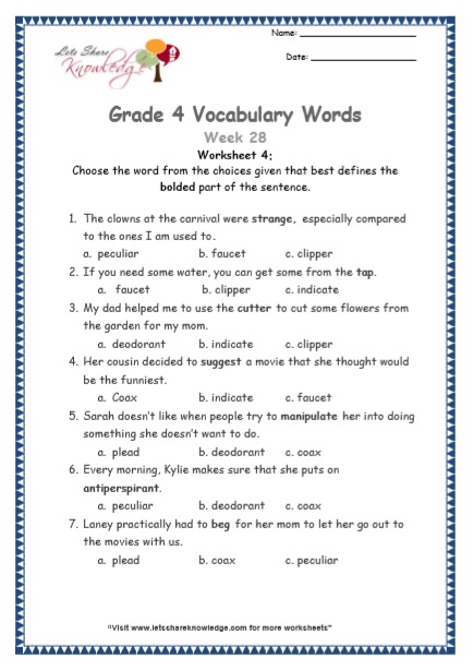  Grade 4 Vocabulary Worksheets Week 28 worksheet 4