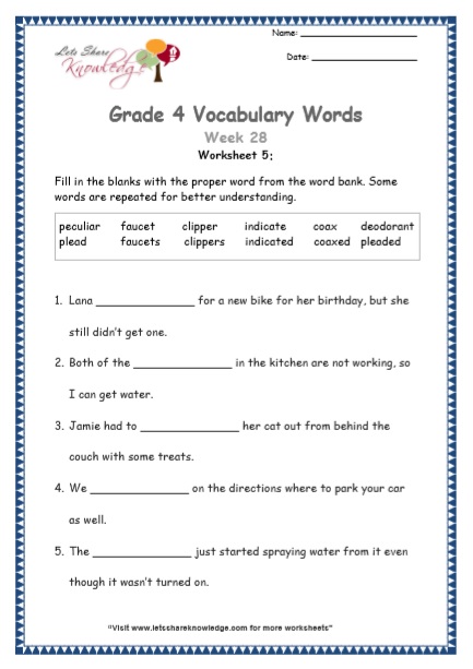  Grade 4 Vocabulary Worksheets Week 28 worksheet 5