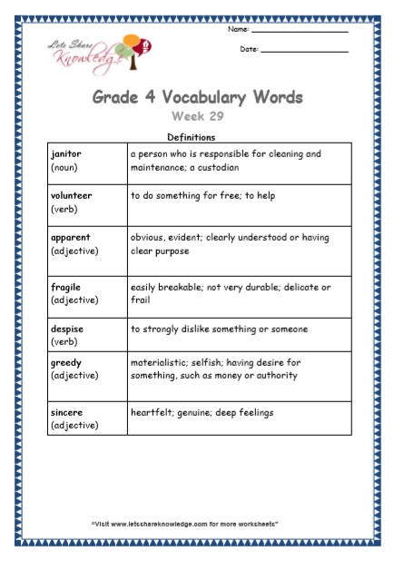 Grade 4 Vocabulary Worksheets Week 29 definitions