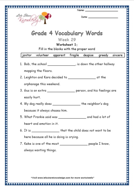 Grade 4: Vocabulary Worksheets Week 29