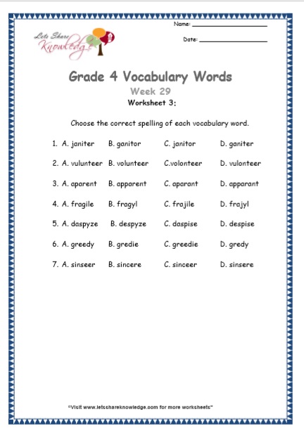  Grade 4 Vocabulary Worksheets Week 29 worksheet 3