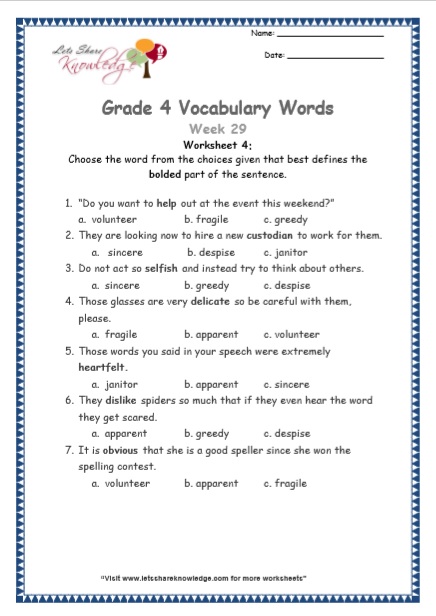  Grade 4 Vocabulary Worksheets Week 29 worksheet 4