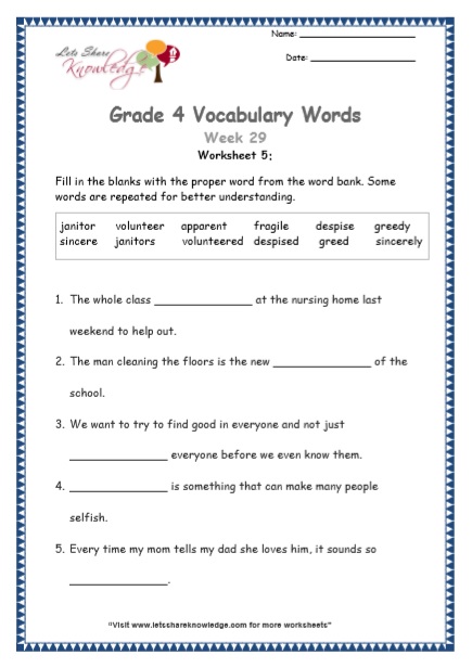  Grade 4 Vocabulary Worksheets Week 29 worksheet 5