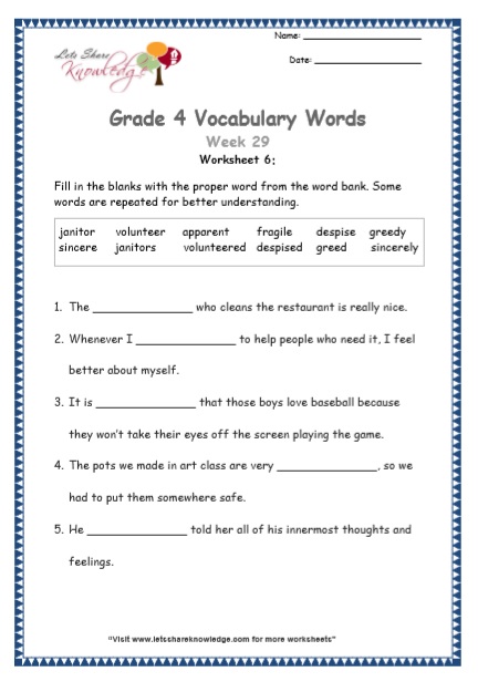  Grade 4 Vocabulary Worksheets Week 29 worksheet 6