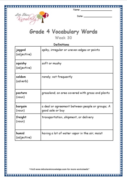 Grade 4 Vocabulary Worksheets Week 30 definitions