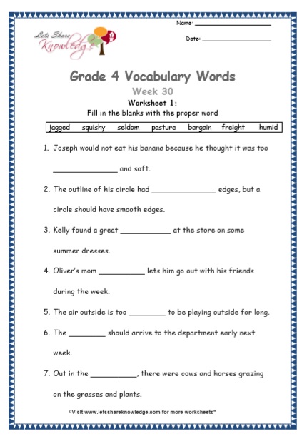 Grade 4 Vocabulary Worksheets Week 30 worksheet 1
