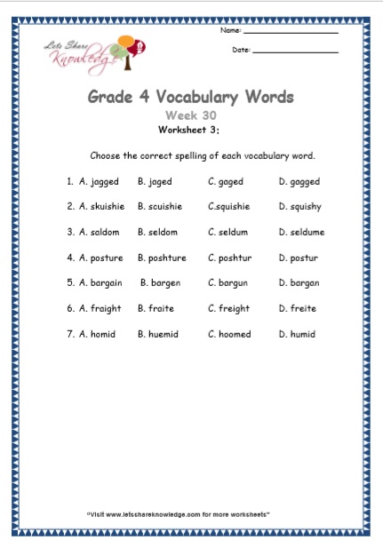  Grade 4 Vocabulary Worksheets Week 30 worksheet 3