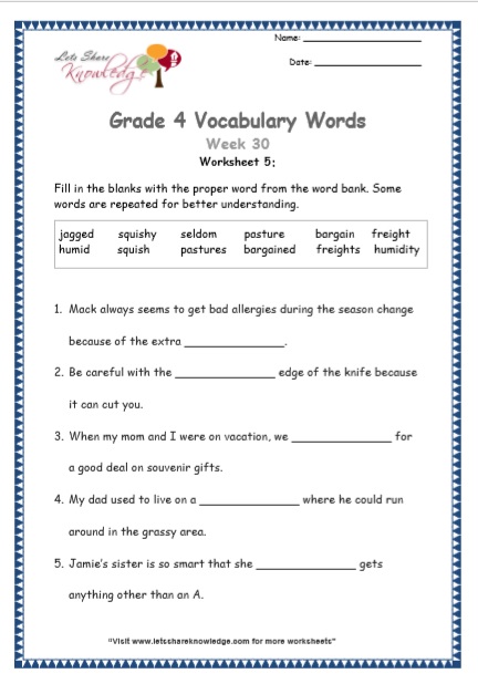  Grade 4 Vocabulary Worksheets Week 30 worksheet 5