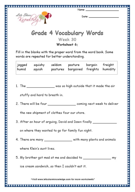  Grade 4 Vocabulary Worksheets Week 30 worksheet 6