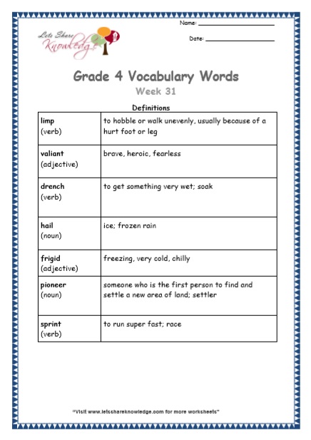 Grade 4 Vocabulary Worksheets Week 31 definitions