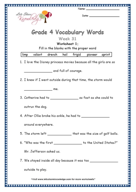 Grade 4 Vocabulary Worksheets Week 31 worksheet 1