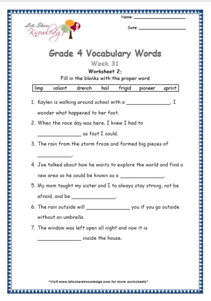 Grade 4 Vocabulary Worksheets Week 31 worksheet 2