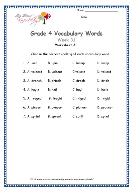  Grade 4 Vocabulary Worksheets Week 31 worksheet 3