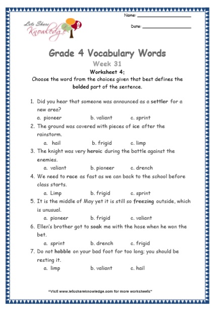  Grade 4 Vocabulary Worksheets Week 31 worksheet 4