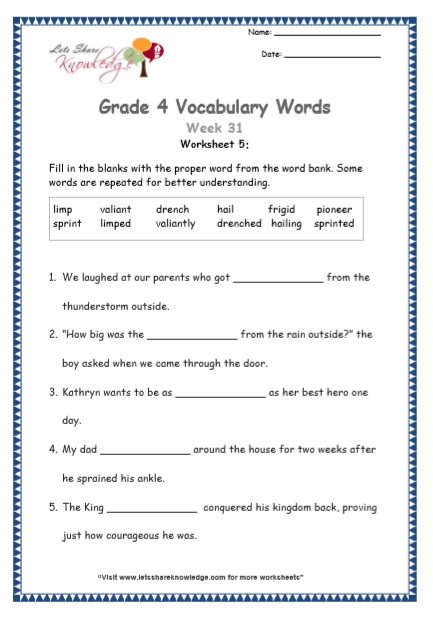  Grade 4 Vocabulary Worksheets Week 31 worksheet 5