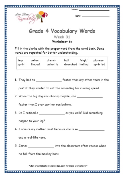  Grade 4 Vocabulary Worksheets Week 31 worksheet 6