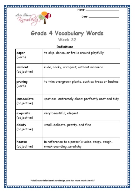 Grade 4 Vocabulary Worksheets Week 32 definitions