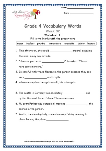 Grade 4 Vocabulary Worksheets Week 32 worksheet 1