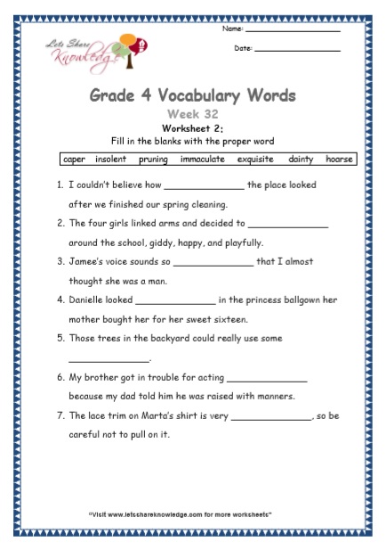 Grade 4: Vocabulary Worksheets Week 32