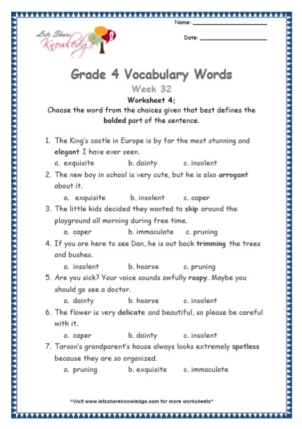  Grade 4 Vocabulary Worksheets Week 32 worksheet 4