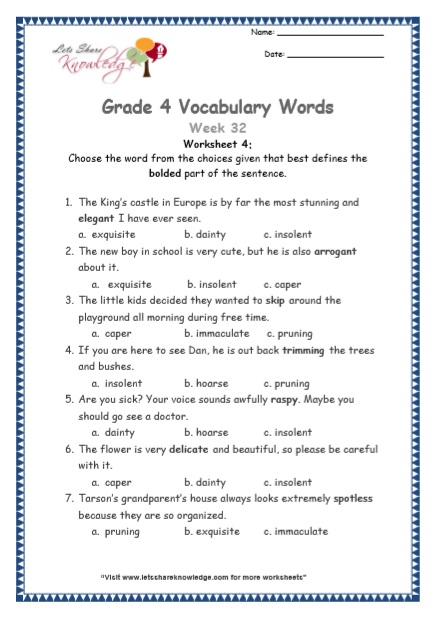 Grade 4: Vocabulary Worksheets Week 32 – Lets Share Knowledge