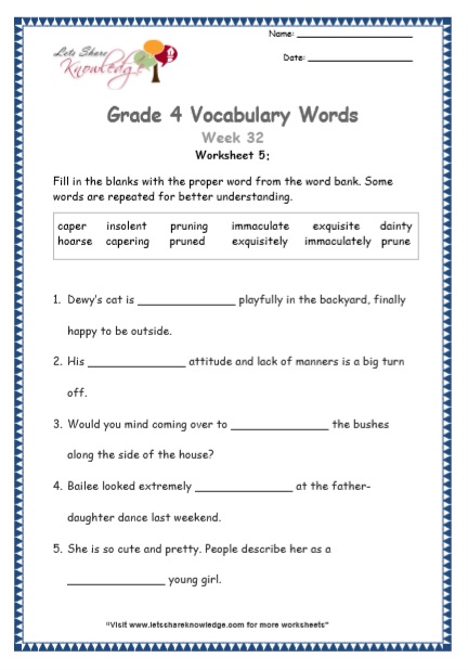  Grade 4 Vocabulary Worksheets Week 32 worksheet 5